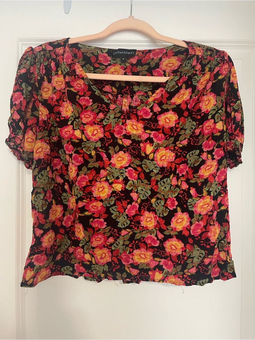 Cynthia Rowley Black Floral Puff Sleeve Blouse with Pink & Yellow Roses